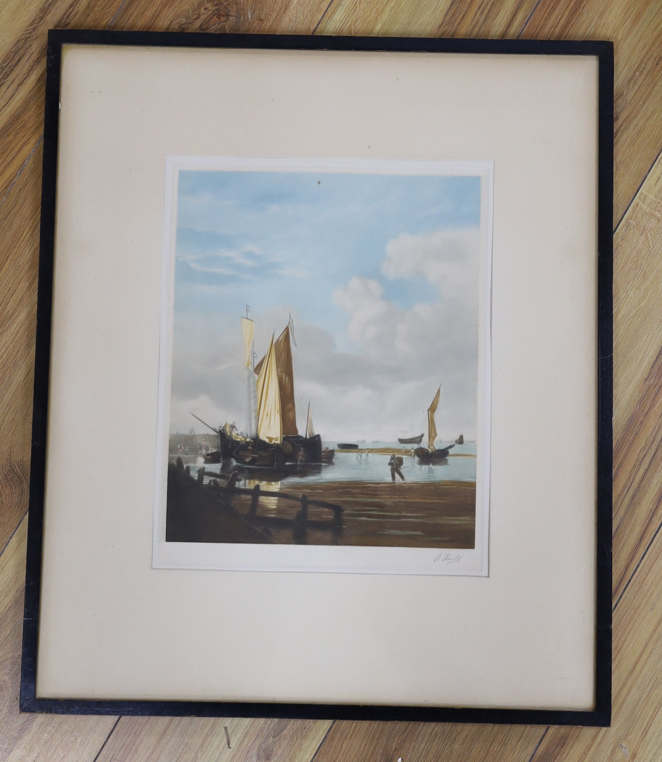 Arnold after Willem van der Veldt, colour mezzotint, The Harbour, signed in pencil, 32 x 26cm